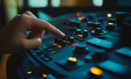 a man is pointing at his controller and pressing on buttons