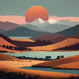 a mountain scene with a lake, mountains and trees under a red sky,a painting shows an earth - like landscape and trees in the foreground