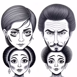 a drawing of the different faces of two men and a woman,a man and a woman with various facial expressions,a drawing of three heads, each with a different face expressions,three faces of men and women one with an evil look,three people are drawn in one of them with different facial shapes