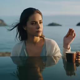 woman sitting by water with coffee looking off into distance