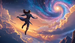 a painting of a girl flying in the air in front of a spirally shape