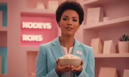 the woman is holding a bowl of popcorn in front of shelves