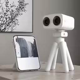 a white robot with two eyes sitting next to a cellphone