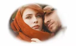a young man and woman are shown in a circular image