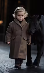 little girl in a coat walking next to a black horse