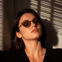 a woman in sunglasses wearing a black top and brown sunglasses