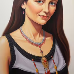a picture of a lady wearing jewelry in an artistic way,a portrait of a young woman with blue eyes,there is a painting of a woman with brown hair,a portrait of a woman wearing jewelry,the painting of a woman wearing a black top has a red necklace and earring