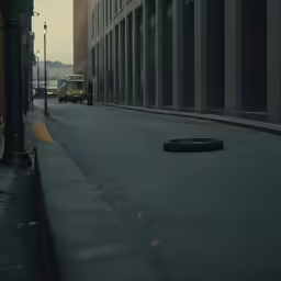 a empty street that has a trash can laying on the ground