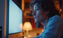 a woman sitting in front of a computer screen
