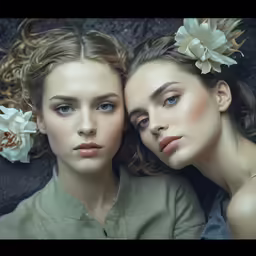 two beautiful women with white flowers on their heads