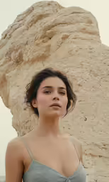 a woman wearing a gray dress standing in front of some rocks