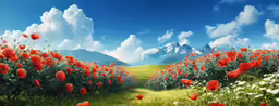 an outdoor field of flowers with mountains in the distance