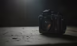 a dark photo of a camera sitting on a table