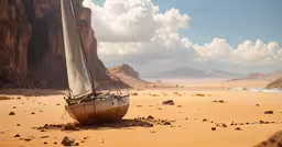 a sail boat in the desert on a clear day