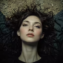 the model looks up to her left as she lays on the ground