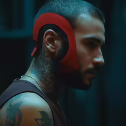 a tattooed man with an ear muffs and headphones