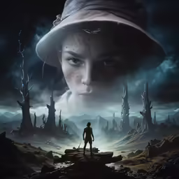 a young girl standing in the middle of a barren landscape