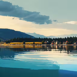 the water is reflecting the small houses with a mountain in the background,the sky is cloudy and there is a reflection in the water