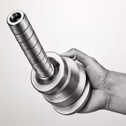 a hand holding a metal object with one eye open