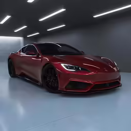 a red sports car is shown in a large empty room