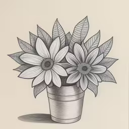 a drawing of some flowers in a pot,this is a drawing of flowers in a vase,a pencil drawing of some flowers in a vase,a drawing of flowers in a pot on a white sheet,the drawing shows a vase with flowers in it