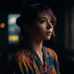 woman with a blue scarf stares ahead with her eyes closed