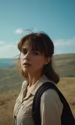 a girl wearing a black backpack looks over a hill