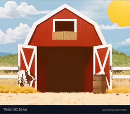 a barn with a red door and a white horse,the hay is stored in the silo and a horse stands by