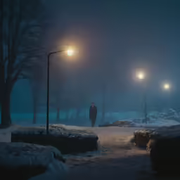 a person standing in the snow at night under street lamps