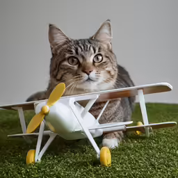 a cat is lying next to a small toy plane