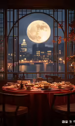 dinner table overlooking window and large city in the background
