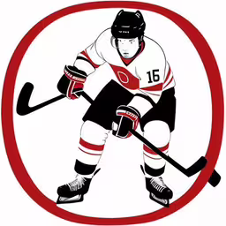 a stylized hockey player in an oval
