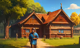 a man in a blue jacket standing in front of a cabin,man walking into his home in a fantasy setting
