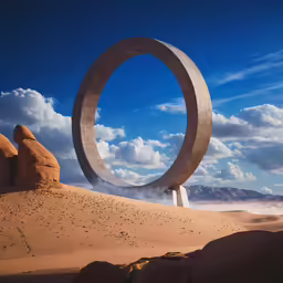 an oval shaped sculpture in a desert landscape