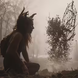 a woman sitting in the woods with a strange tree behind her