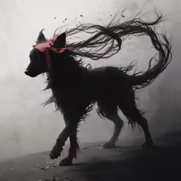 a dog is running in the dust with its hair blowing