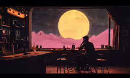 a man sitting at a table in front of a window that has a full moon outside