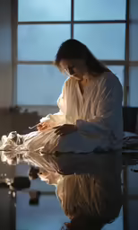 a woman in white clothes sitting on a glass table