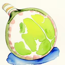 a painting of a green object with dots,an illustration of a colorful object with a toothbrush,a green and white illustration with a blue stripe,a painting of a large ball in a body of water,an illustration of a white and green object with blue background