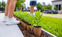 two persons in white tennis shoes walking near potted plants