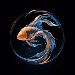 a circular image with an orange and blue fish