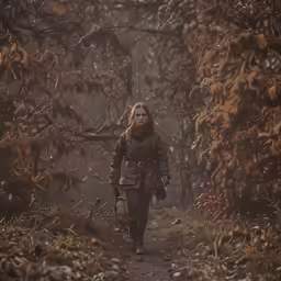 a woman is walking through the woods on a trail