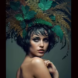 a woman with a green head piece on her head