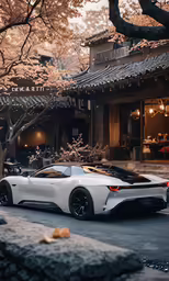 a white sports car is shown in front of a building