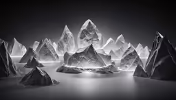 several crystal mountains with bright lights above them