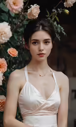 the woman has a white dress and a bouquet of flowers