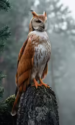 the owl sits on the rock in the forest