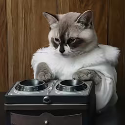 cat sitting on an old radio, wearing a fur coat