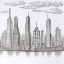 pencil drawing of a skyscrapers with cloudy sky,a drawing of the city on the water