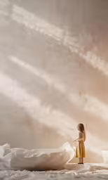 a little girl standing on top of a bed